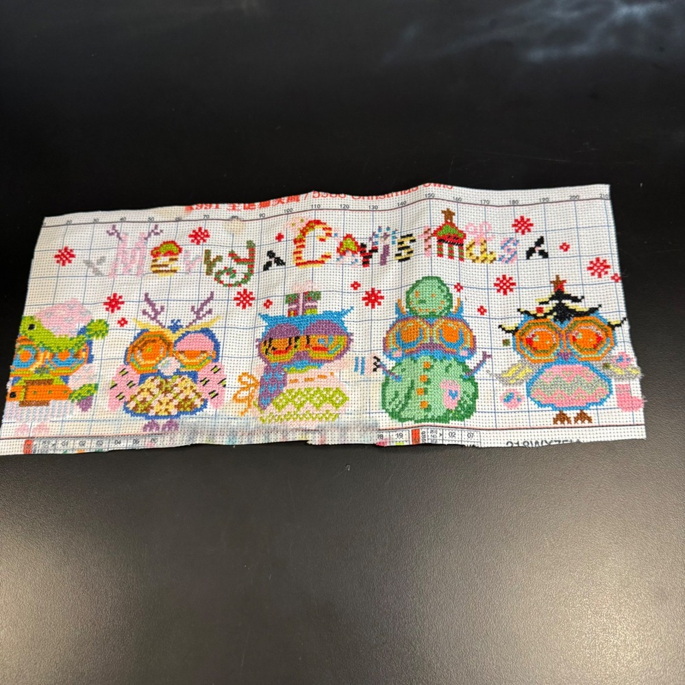 Handmade Merry Christmas Needlepoint 14x5 Multicolor Festive Owl Cross Stitch